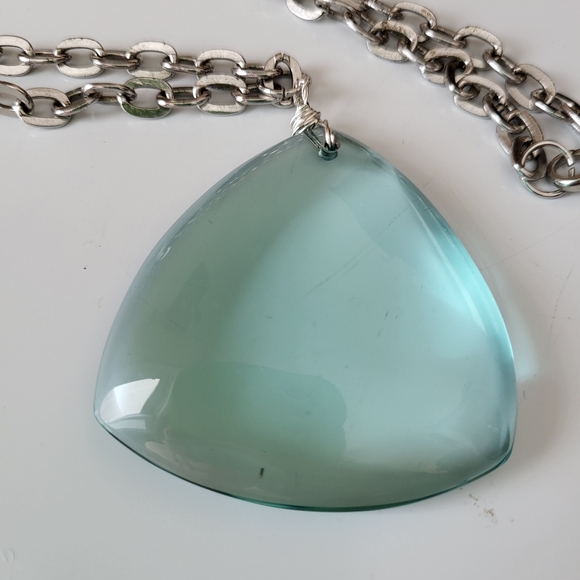 Clear Blueish Glass Pendant on Silver Tone Large Link Chain - Picture 5 of 16